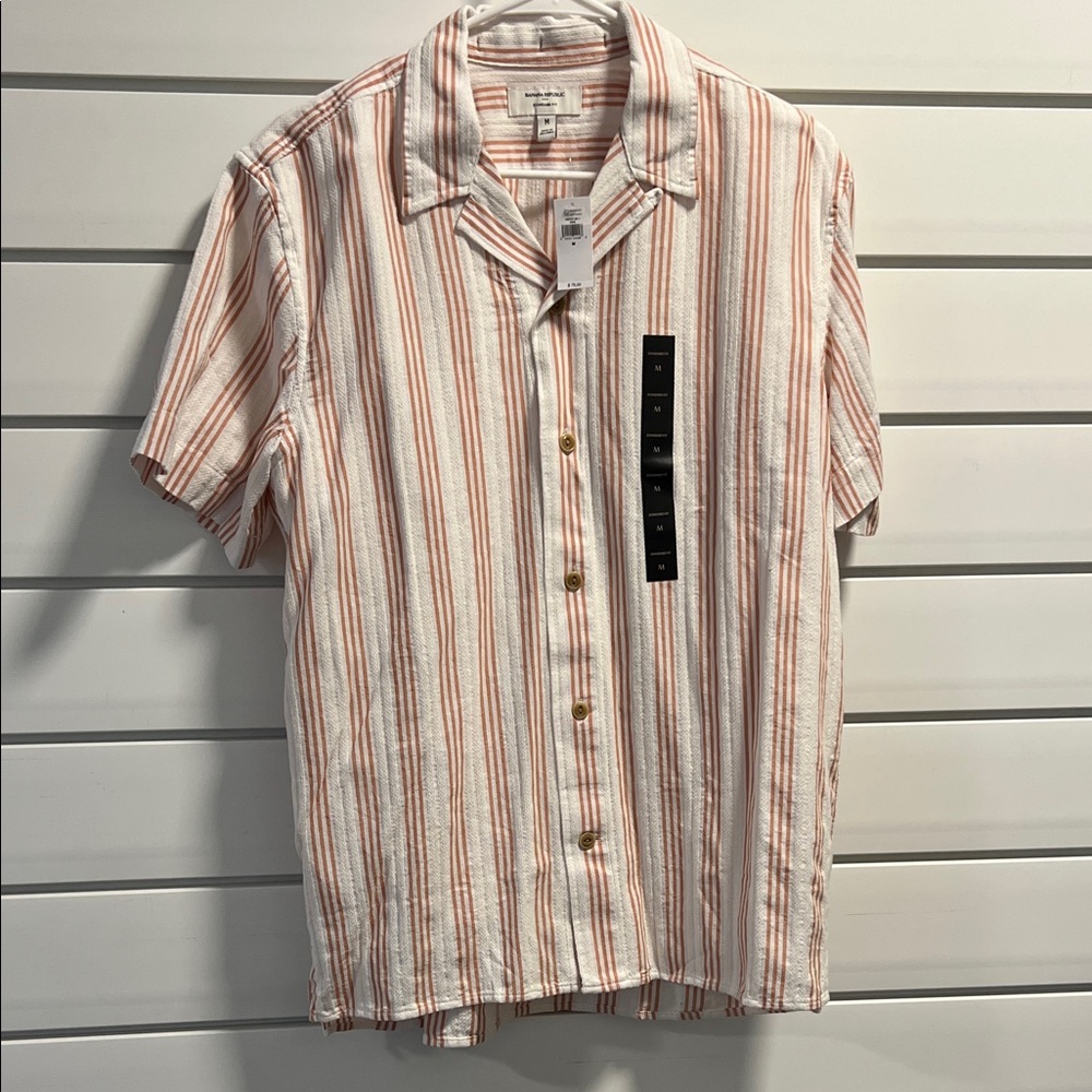 Banana Republic White and Rust Striped Short Sleeve Button-Down Shirt
